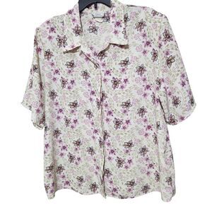 Classic Collection Shirt 1X White Floral Hidden Buttons Lightweight